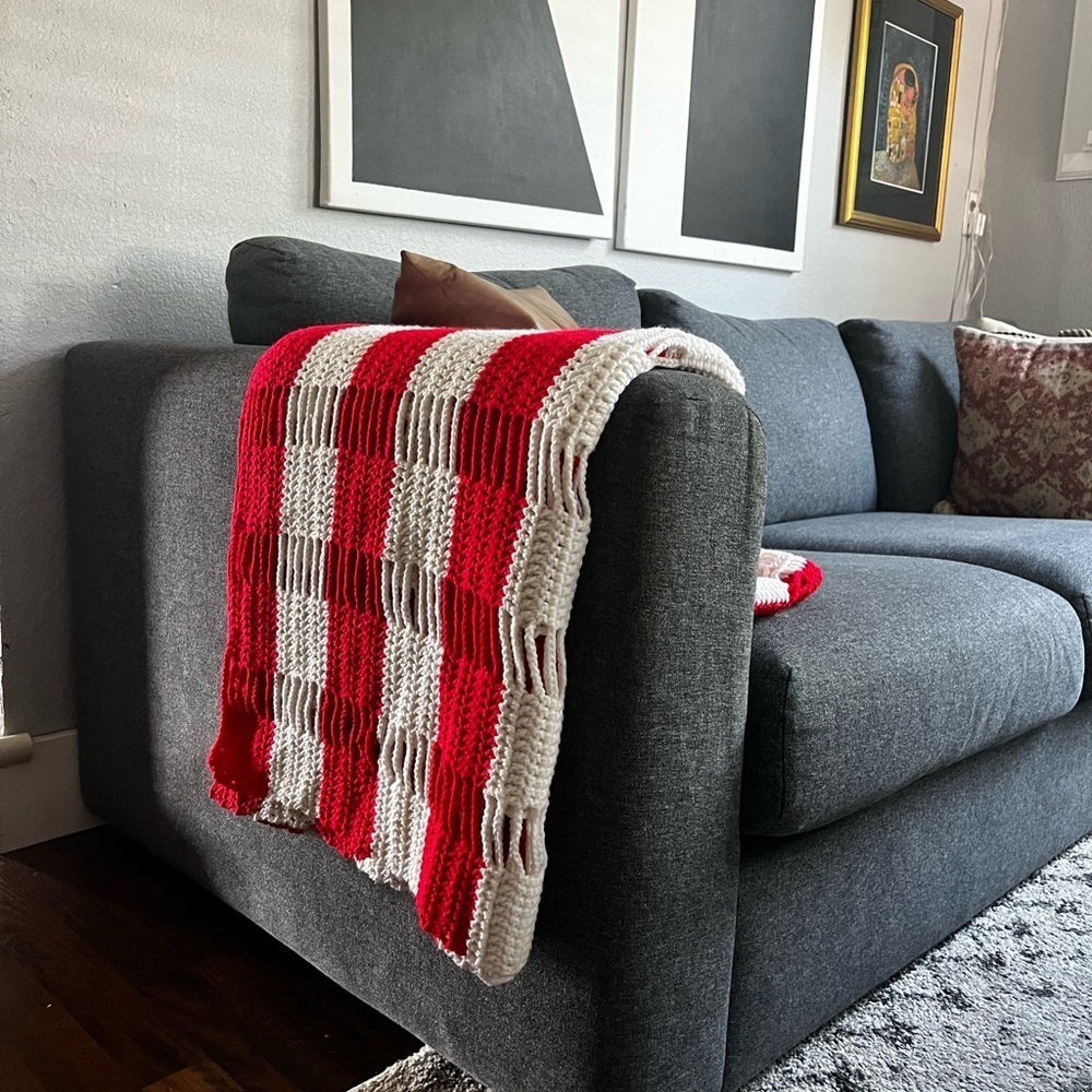 Cozy Red and White Knitted Throw Blanket